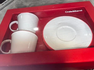 Crate & Barrel Set Of 2 Porcelain Red Rim Expresso Cups with Saucers Set - Picture 1 of 8