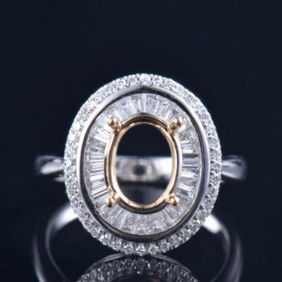 Custom Oval Cut 10x8MM Natural Baguette Diamond Semi Mounting Halo Ring 14K Gold - Image 1 of 4