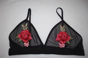 Womens BLACK w/ EMBROIDERED ROSES Sexy Sheer TRIANGLE LOUNGE BRA Pullover SIZE S - Picture 1 of 1