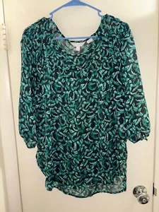 Lauren Conrad LC Semi Sheer Blouse Women's Size Large Pleated Leaf Print Peasant - Picture 1 of 3