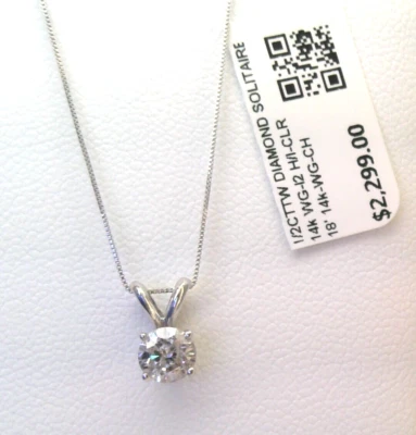 $2300 REAL GENUINE Diamond SOLITAIRE PENDANT NECKLACE 14k WHITE Gold SOLID! 18' - Image 1 of 4