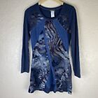 Dolcezza Womens S Tunic Top Artsy Abstract Velvet Suede Long Sleeve Gray Blue