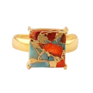 Red Copper Turquoise Jade Ring Gold Plated Crown Prong Set Adjustable Ring - Picture 1 of 4