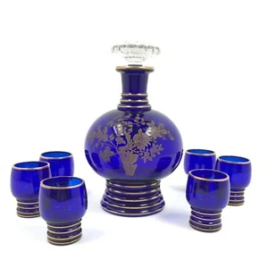 Vintage Art Deco Cobalt Glass Decanter Genie Bottle 6 Cups W/ Cut Glass Stopper - Picture 1 of 10