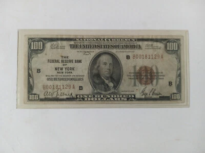 1929 BROWN SEAL GENUINE 100 DOLLAR New York $100 Federal Reserve Bank Note - Image 1 of 4