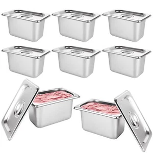 8 PCS Stainless Steel Hotel Pans with Lids 1/9 Size 4 Inch Deep Restaurant - Picture 1 of 7