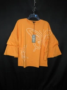 NWT DG2 DIANE GILMAN "DG DOWNTIME" BUTTERFLY TANGERINE SWEATSHIRT TOP SZ XS B379 - Picture 1 of 2