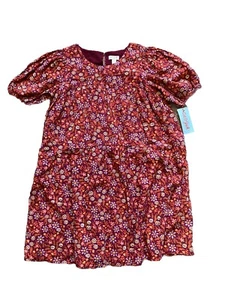 Cat & Jack Dress NWT Girls XL 14 Burgundy Floral Cotton Blend Short Sleeves - Picture 1 of 12