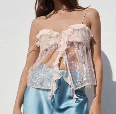 Zara NWT 9491 887 Sparkle Sequin Babydoll Fairy Ethereal Coquette Ruffle Top M - Image 1 of 4
