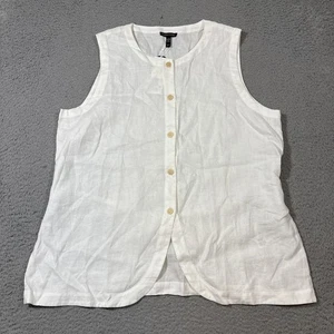 NWT Eileen Fisher Sz L Organic Linen White Round Neck Long Vest Tie Back $148 - Picture 1 of 8