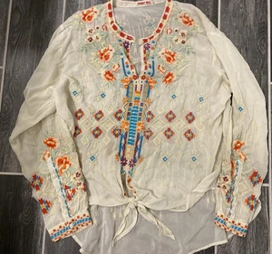 JOHNNY WAS “Donya” Túnica Bohemia Rayón Top Floral Bordado Corbata Talla XL - Imagen 1 de 8