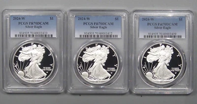 3 DEEP CAMEO PROOF 2024-w $1 Silver American Eagles. PCGS PR70DCAM. - Image 1 of 4