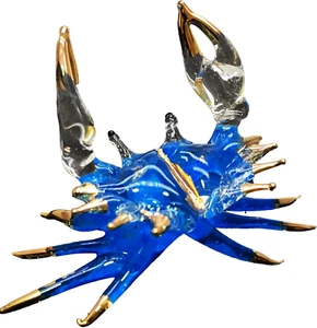 Garden Deco Glow in The Dark Blue Gloden Crab Hand Blown Art Glass Figurine Orna - Picture 1 of 7