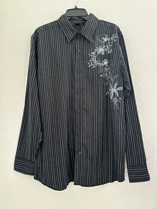 Y2K Burnside Mens Button Down Dress Shirt XL Black Embroidered Floral Grunge Dad - Picture 1 of 15