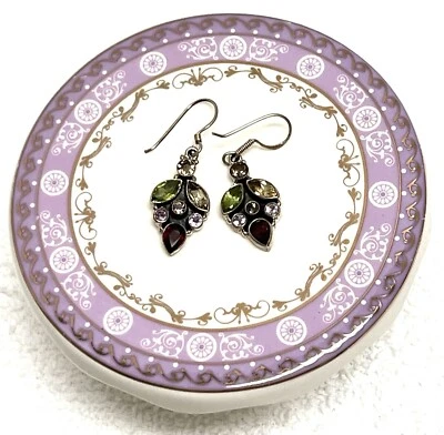 Cluster Earrings Garnet Citrine Peridot Amethyst 925 Silver Nikki Ex Cond - Image 1 of 4