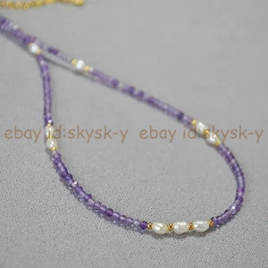Collar de perlas blancas de agua dulce con cuentas de gemas redondas facetadas de amatista natural 14-36" - Imagen 1 de 8
