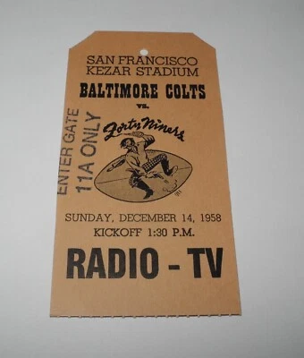 14 de diciembre de 1958 Fútbol americano San Francisco 49ers vs Colts pase completo de boleto de empleado Foto 1 de 2