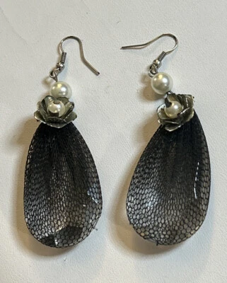 Statement Dangle Drop Earrings Faux Crystals Mesh Wrap & Rose Black White Silver - image 1 of 4