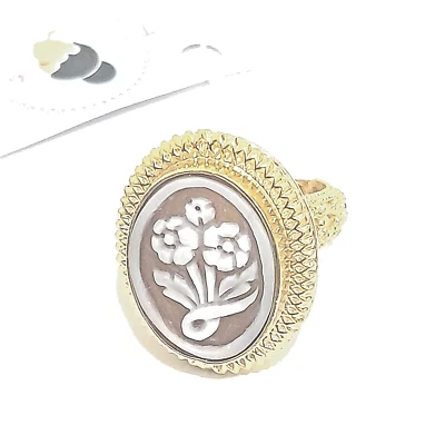 Anello dorato donna con fiori su cammeo in argento 925 nuovo (ea12) - Immagine 1 di 3