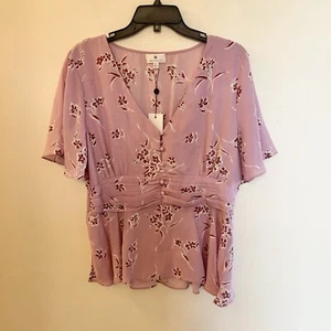 Socialite - Größe XL rosa Bluse V-Ausschnitt Knopf Schößchen Taille Blumen Neu mit Etikett - Bild 1 von 8