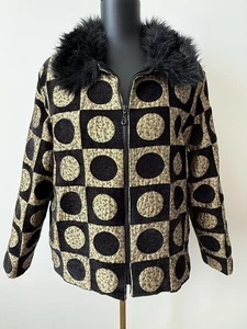 Annalese Women's XL Jacket Black/Gold Design Faux Fur Collar Zip Front EUC - Picture 1 of 9