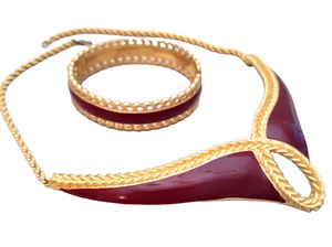 Vintage Monet Statement Halskette Armband Etrusker goldfarben tiefrot Emaille - Bild 1 von 15