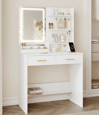 White Dressing Table with LED Lights Mirror and Drawers Vanity Make up Desks - Image 1 of 4