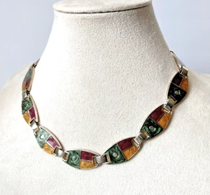 VINTAGE Multicolored Enamel On Gold Tone Metal Link Statement Choker Necklace - Picture 1 of 10