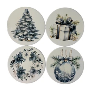 Sottobicchiere tondo in ceramica 4" - retro sughero - mix o fiammifero - ornamenti argento - natale - regalo - Foto 1 di 10