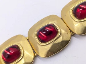 Vintage Designer Mid Century Bracelet Gold Tone & Faux Ruby Cabochons U395 - Picture 1 of 22