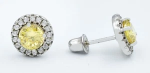 LAB CREATED YELLOW TOPAZ & W/SAPPHIRE STUD EARRINGS .925 Silver - Screw backs - Picture 1 of 3