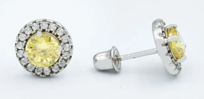 LAB CREATED YELLOW TOPAZ & W/SAPPHIRE STUD EARRINGS .925 Silver - Screw backs - Image 1 of 3