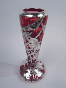 Antique Vase 38 Art Nouveau American Red Glass Silver Overlay - Picture 1 of 9