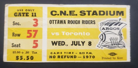1970 C.N.E. Stadium Ottawa Rough Riders vs Tornto Argonauts CFL Football Ticket Cover