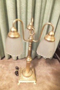 Mid Century Modern Ornate Gold Color Metal W/ 3 Glass Shades Table Lamp - Picture 1 of 8