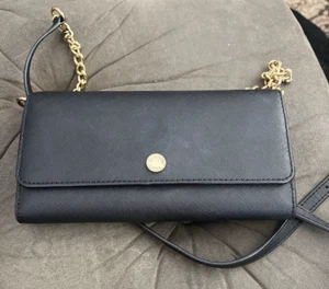 Michael Kors Small Logo Signature Clutch Wallet Crossbody On A Chain Black VG - Picture 1 of 7