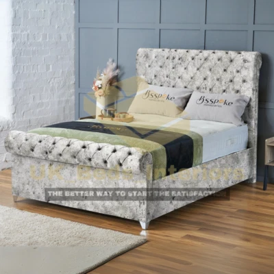 Sleigh Bed Frame Crushed Velvet With GAS LIFT STORAGE & MATTRESS Double King 6FT - Image 1 of 3
