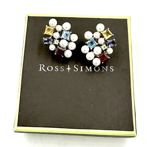 Ross Simmons Sterling Silver Cultured Pearls Gemstone Cluster Earrings NIB - Picture 1 of 14