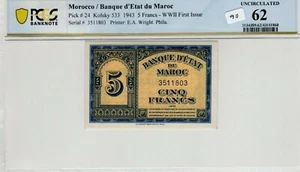 Morocco 1943 5 Francs PCGS Certified Banknote UNC 62 Pick 24 WWII First Issue - Picture 1 of 2