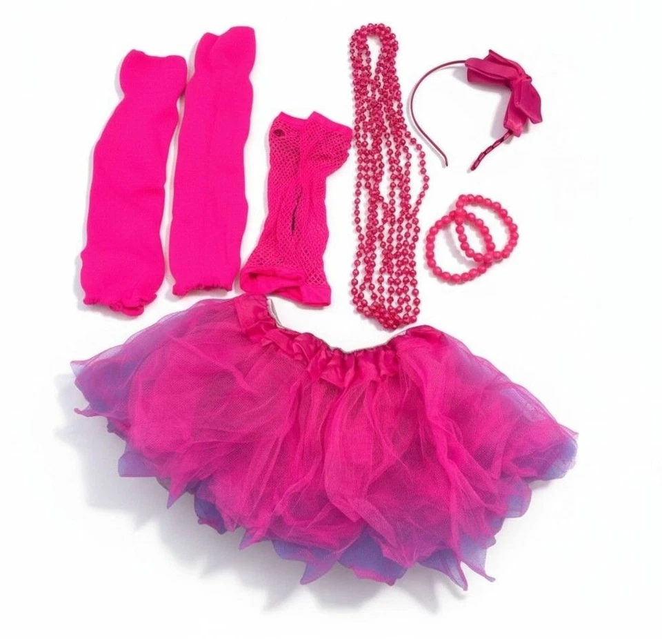 Conjunto de fantasia rosa neon para meninas dos anos 80 com luvas e joias - Imagem 1 de 4