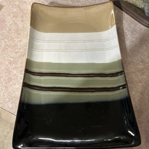 Home Trends JAZZ Textured Green Brown Stripe Stoneware Rectangle Serving Platter - Picture 1 of 3