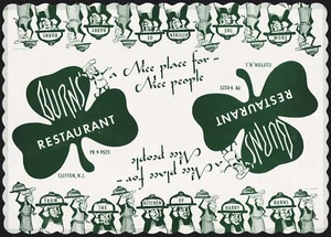 Vintage placemat BURNS RESTAURANT clover leaf leprechaun Clifton New Jersey - Picture 1 of 2
