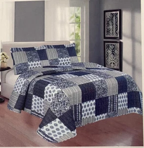 3-Piece Queen Size Printed Patchwork Cotton Quilt Set - Navy Flower Floral Strip - Picture 1 of 6