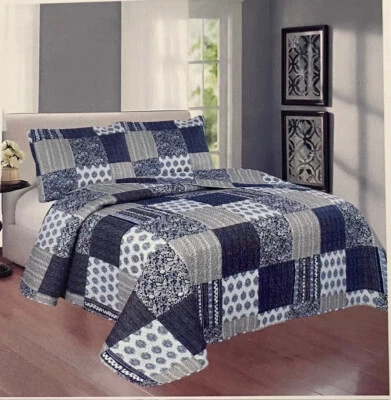 3-Piece king  Size Printed Patchwork  Quilt Set - Navy Flower Floral Strip - Image 1 of 4