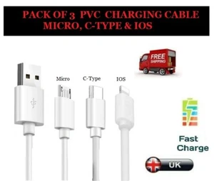 Pack of 3 Fast Charging Heavy Duty C-type, Micro & IPHONE PVC Charging Cable - Picture 1 of 14