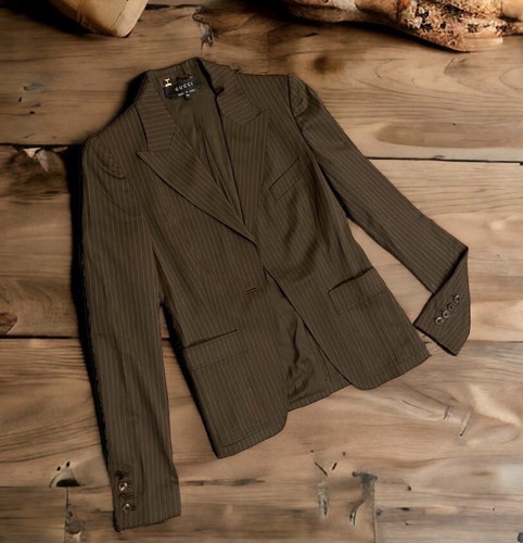 GUCCI Blazer donna lana gessato un bottone marrone Made in Italy tg IT 42 US 6