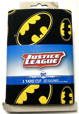 Batman Logo Justice League 1 Yard Cotton Fabric Super Hero Black Yellow Quilt - Image 1 of 2