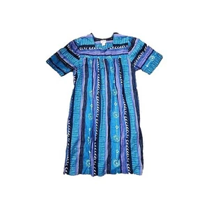 Vintage 70's Saybury Blue & White Graphic Caftan Dress Size L 100% Cotton Muumuu - Picture 1 of 5