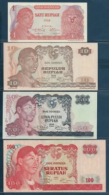 Indonesia 1 10 50 100 Rupiah 4Pcs Lot, 1968, P 102 105 107 108, AU-UNC(1Rp)/ UNC - Image 1 of 2