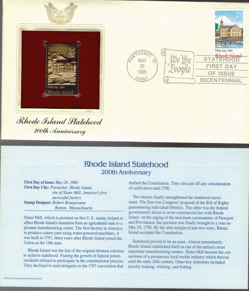 Rhode Island Statehood--200th Anniversary--1st day issue-Golden Replica - Image 1 of 1